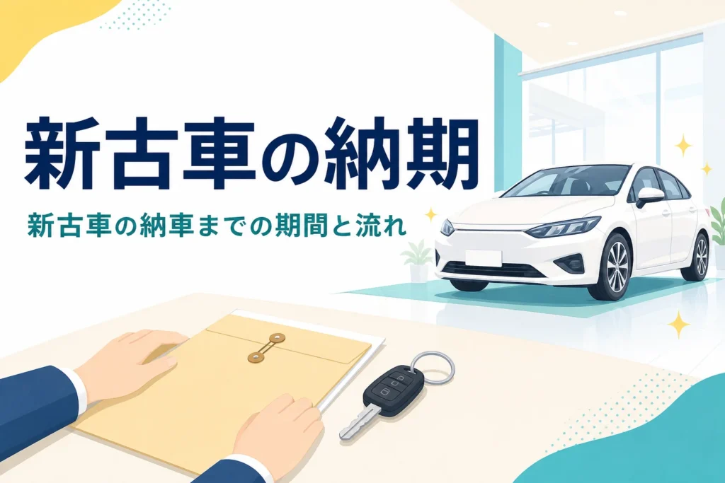 納車スペースの新しい車と車の鍵、新古車の納車までの期間を紹介する記事のタイトル