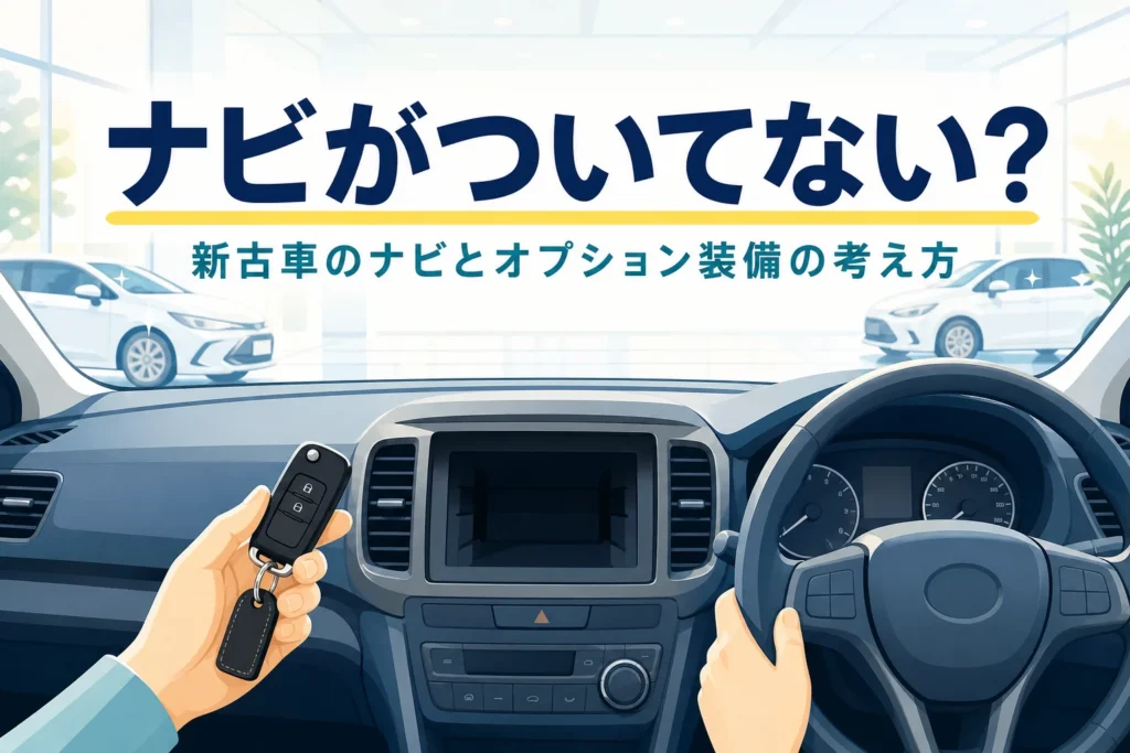 ナビの付いていない新古車の運転席まわりと車の鍵を写し、新古車のオプション装備の考え方を紹介する記事のアイキャッチ