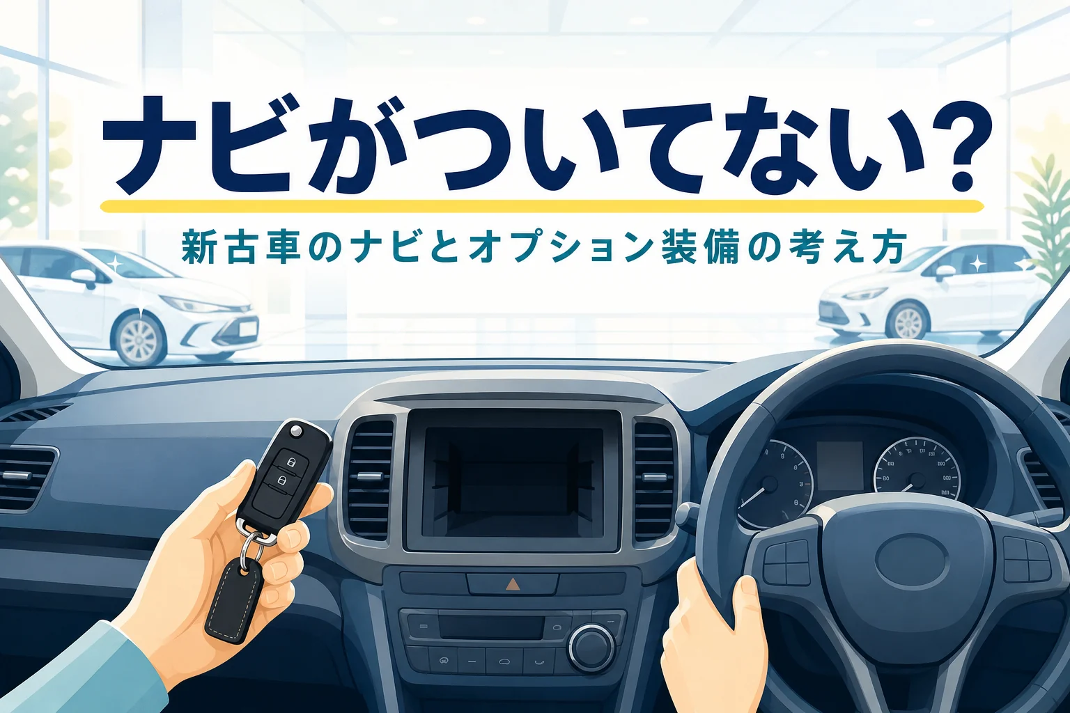 ナビの付いていない新古車の運転席まわりと車の鍵を写し、新古車のオプション装備の考え方を紹介する記事のアイキャッチ