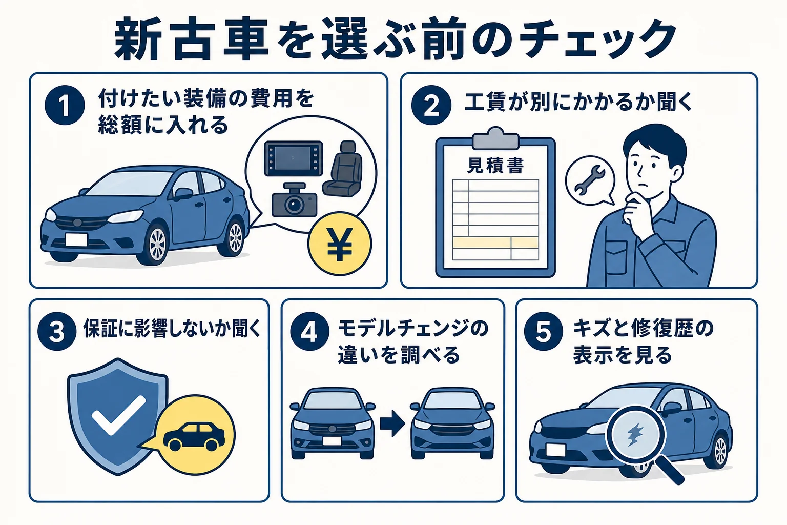新古車を選ぶ時に装備・型落ち・キズで確かめたい点をまとめたチェックの図解