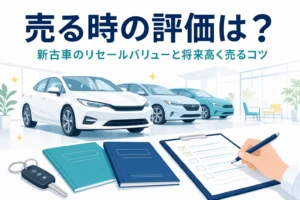 車の鍵と点検の記録簿が置かれた机と、新古車のリセールバリューを紹介する記事タイトル