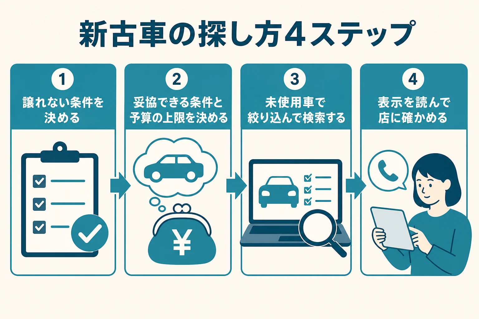 新古車を探す時の3つの手順を、条件決め・検索・確かめるの順にまとめた図解