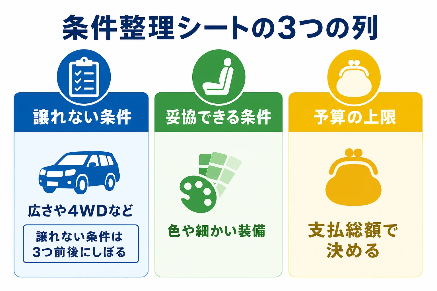 新古車を探す前に譲れない条件・妥協できる条件・予算の上限の3つに分けて書き出す条件整理シートの図解