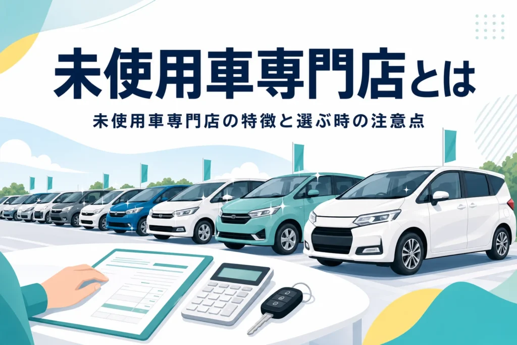 広い展示場に並ぶ車のシルエットと見積書と、未使用車専門店の特徴を紹介する記事タイトル