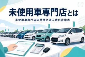 広い展示場に並ぶ車のシルエットと見積書と、未使用車専門店の特徴を紹介する記事タイトル