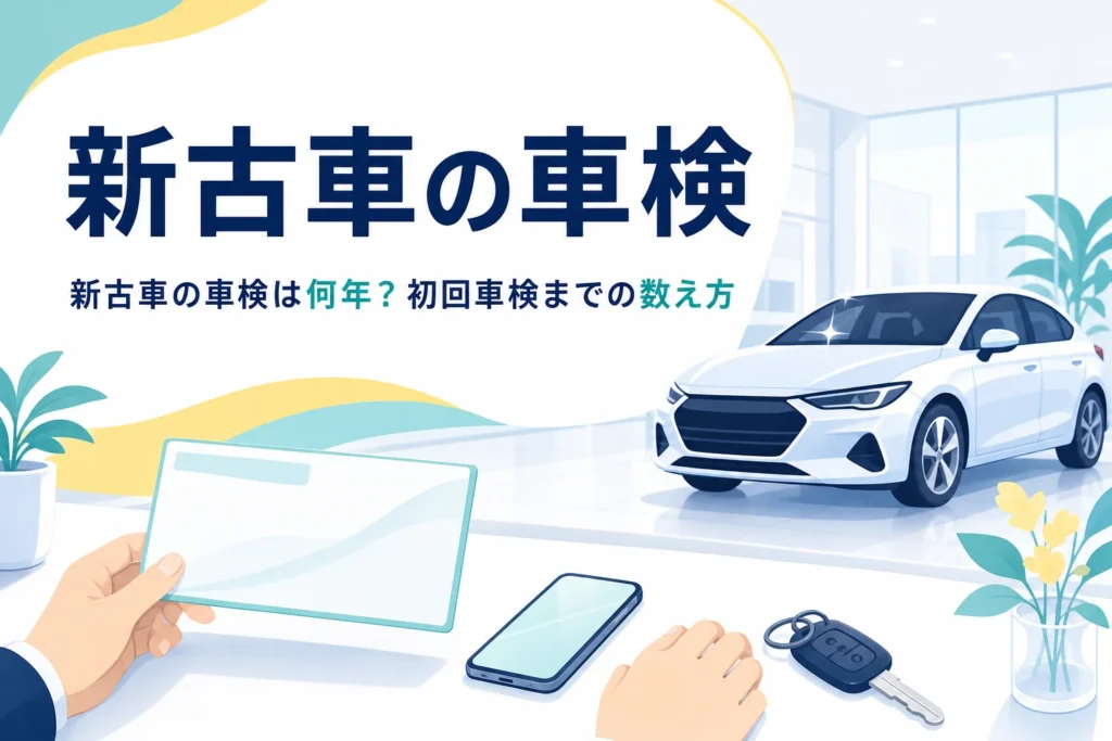 展示場の新しい車と車検証のカード・スマートフォン、新古車の車検の数え方を紹介する記事のタイトル