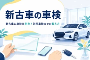 展示場の新しい車と車検証のカード・スマートフォン、新古車の車検の数え方を紹介する記事のタイトル