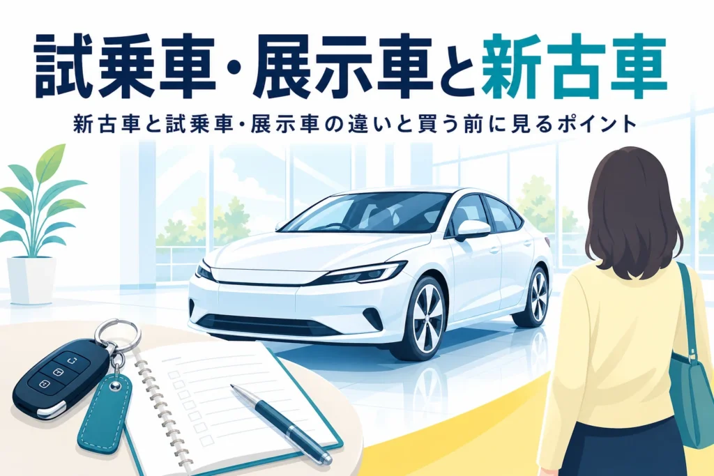 ショールームに飾られた車と車の鍵、新古車と試乗車・展示車の違いを紹介する記事のタイトル
