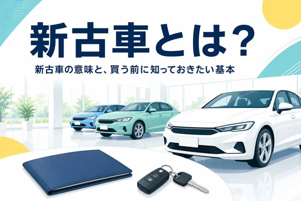 明るい展示場に並ぶ新しい車と鍵、新古車とは何かを解説する記事のタイトル