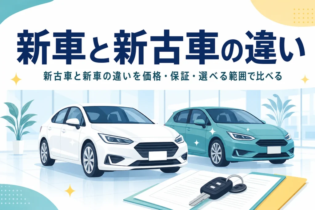 展示場に並ぶ2台の車と「新車と新古車の違い」の文字