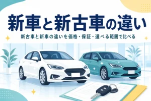 展示場に並ぶ2台の車と「新車と新古車の違い」の文字