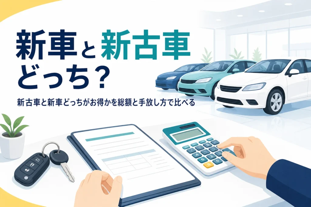 展示場の車と見積書・電卓に「新車と新古車どっち？」の文字