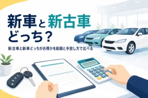 展示場の車と見積書・電卓に「新車と新古車どっち？」の文字