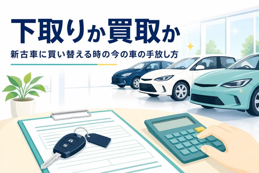 車の鍵と見積書が置かれたテーブルと、新古車の下取りと買取を比べる記事タイトル