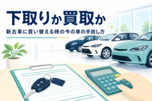 車の鍵と見積書が置かれたテーブルと、新古車の下取りと買取を比べる記事タイトル