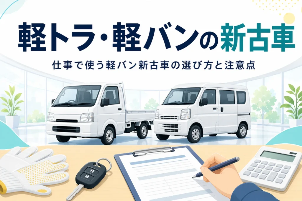 展示場に並ぶ軽トラックと軽バンのシルエットと、仕事で使う軽バン新古車の選び方を紹介する記事タイトル