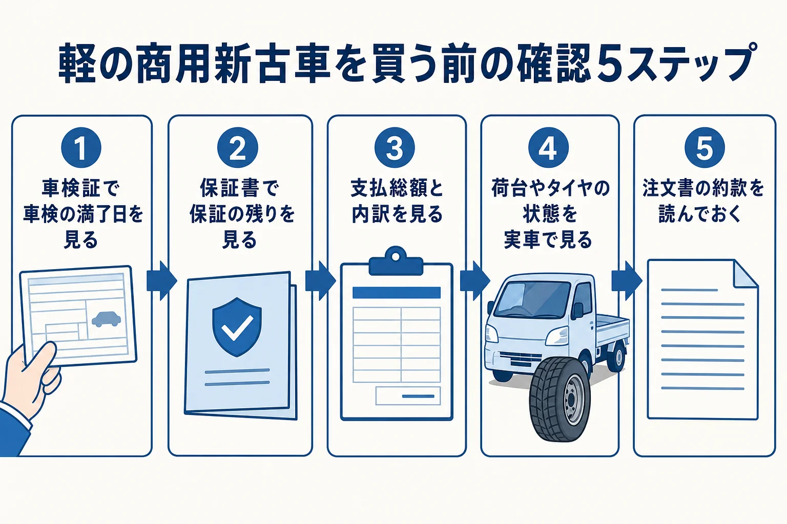 軽トラ・軽バンの新古車を契約する前に確かめたい5つのことを手順にまとめた図解