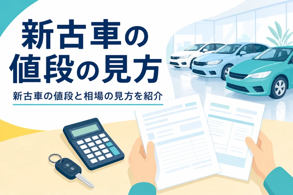 電卓と2枚の見積書が置かれたテーブルと、新古車の値段と相場の見方を紹介する記事タイトル