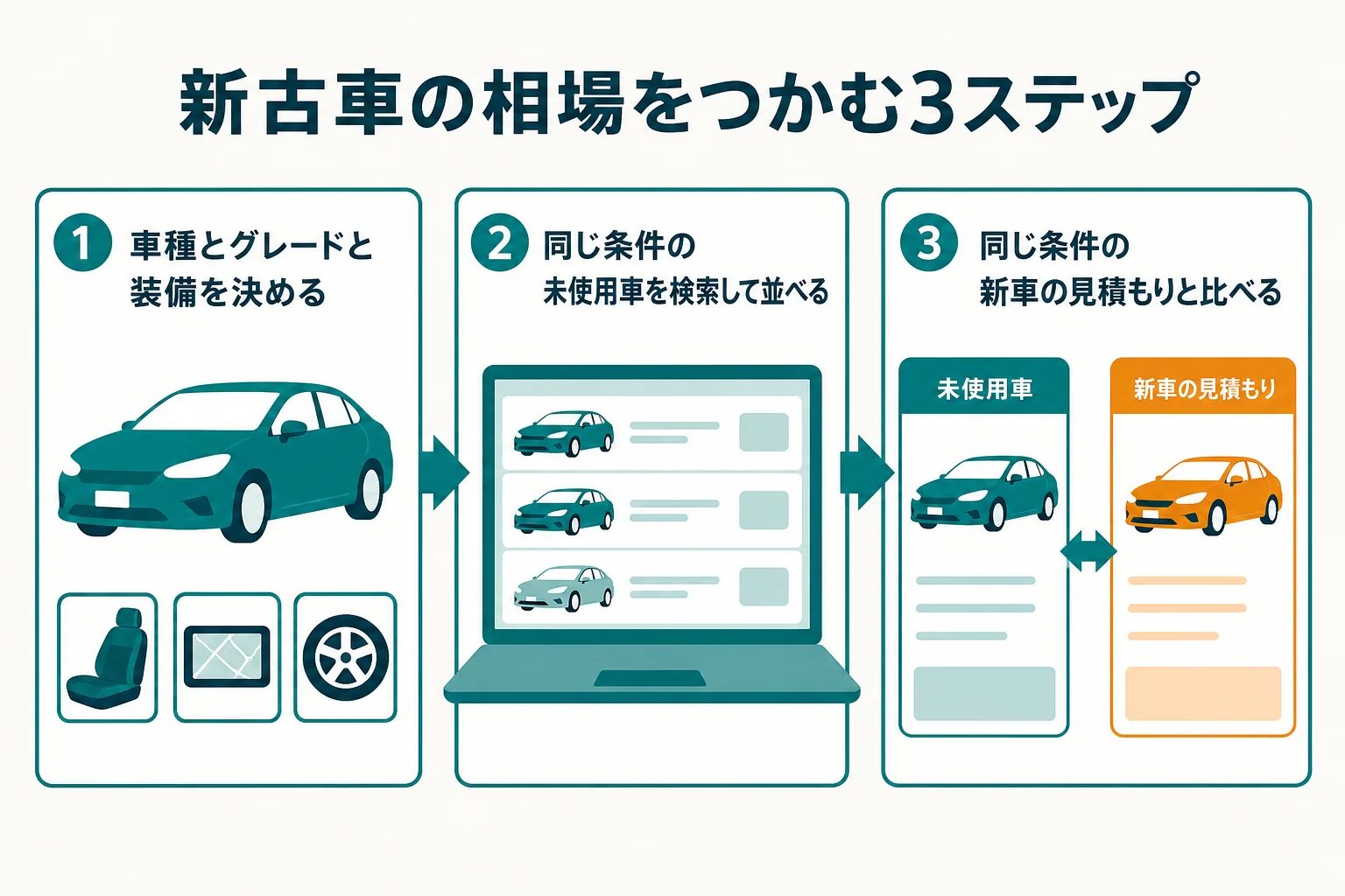 新古車の相場を自分でつかむ手順を3つのステップにまとめた図解