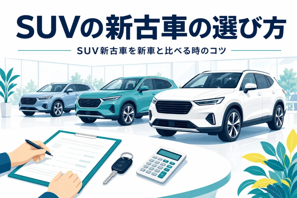 展示場に並ぶSUVのシルエットと、SUVの新古車の選び方と新車との比べ方を紹介する記事タイトル