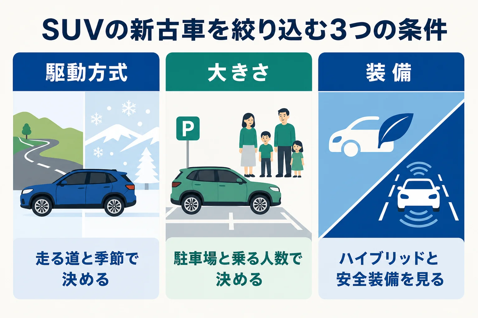 SUVの新古車を駆動方式・大きさ・装備の3つの条件で絞り込む考え方をまとめた図解