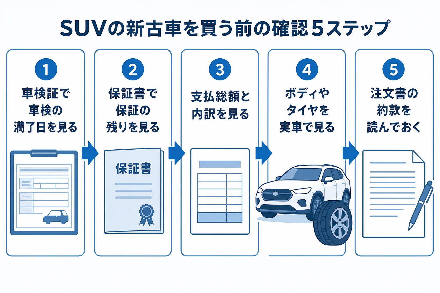 SUVの新古車を契約する前に確かめたい5つのことを手順にまとめた図解