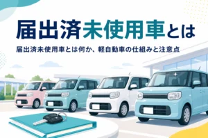 展示場に並ぶ新しい軽自動車と鍵、届出済未使用車とは何かを解説する記事のタイトル