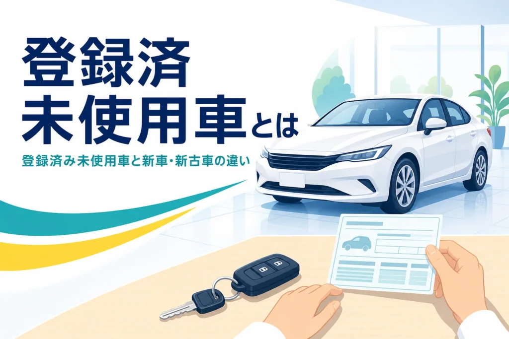 展示スペースの新しい普通車と車検証、登録済み未使用車を解説する記事のタイトル