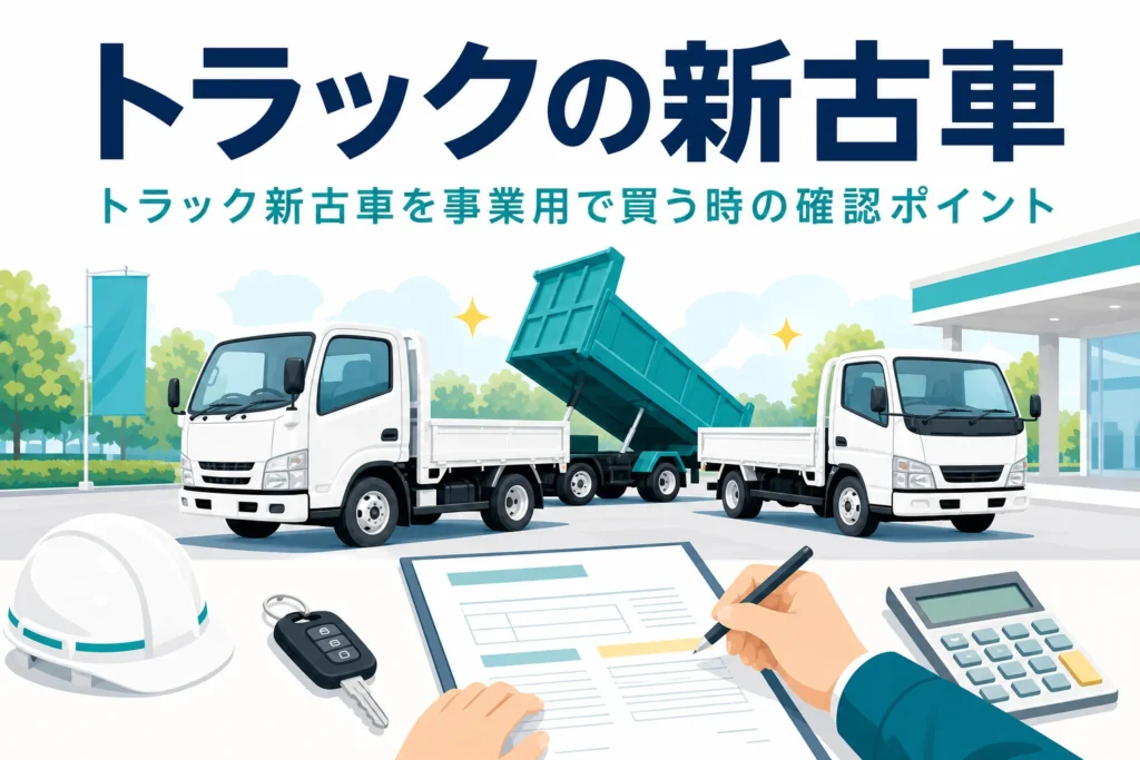 展示場に並ぶトラックとダンプのシルエットと、トラック新古車を事業用で買う時の確認ポイントを紹介する記事タイトル