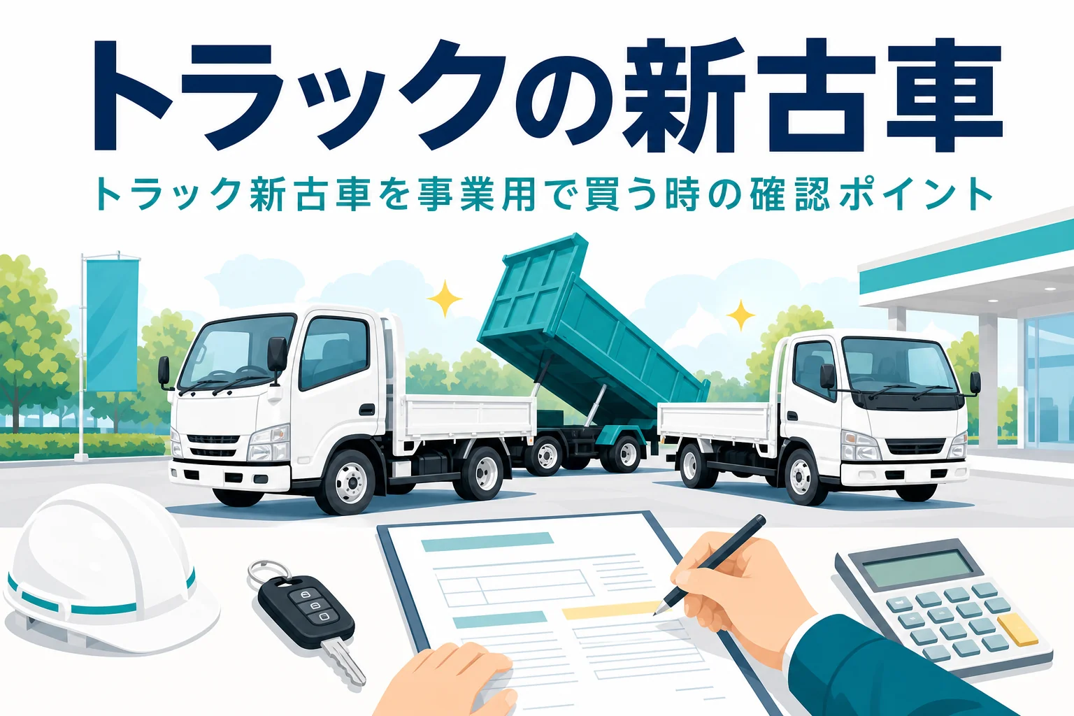 展示場に並ぶトラックとダンプのシルエットと、トラック新古車を事業用で買う時の確認ポイントを紹介する記事タイトル