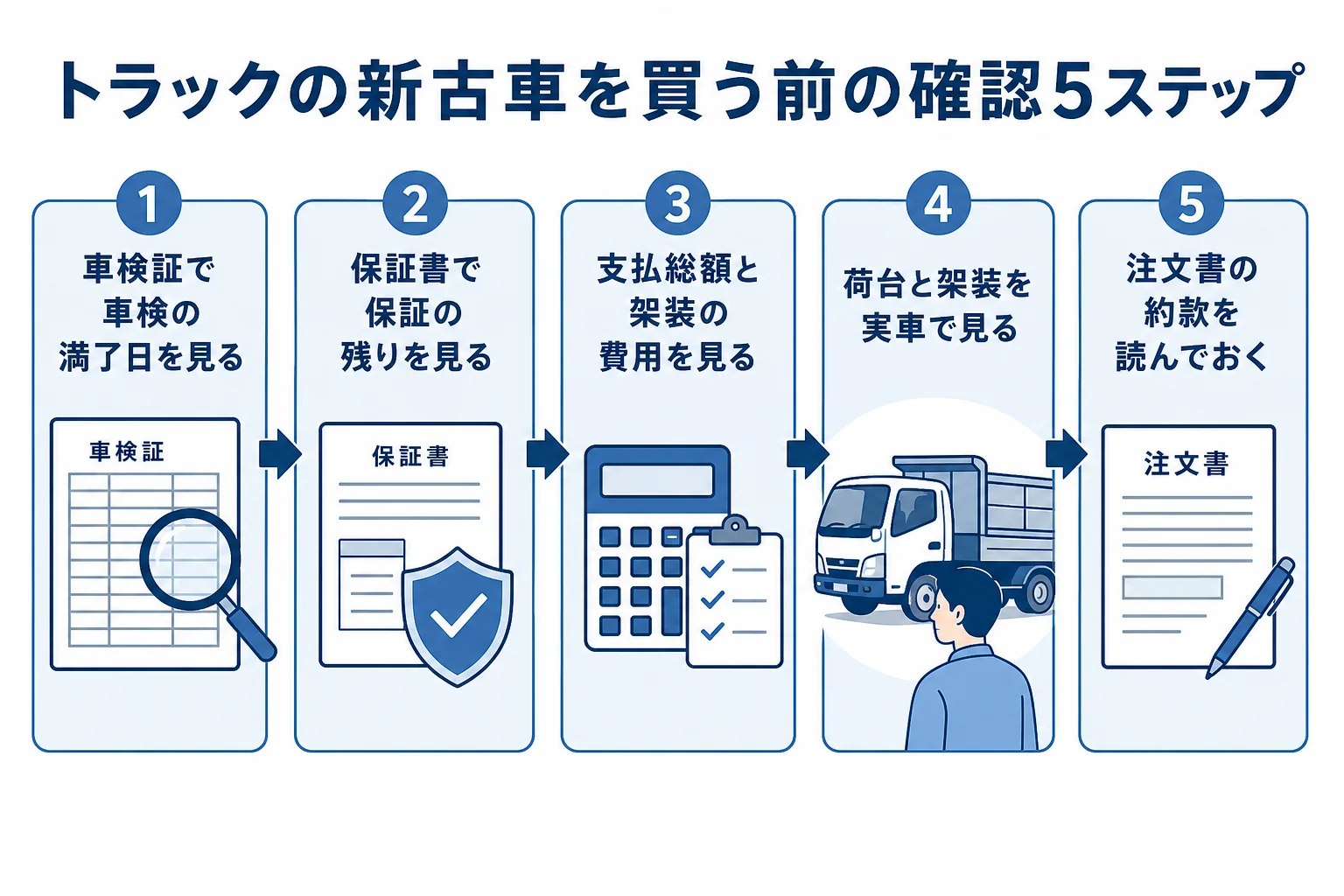 トラックの新古車を契約する前に確かめたいことを5つの手順にまとめた図解