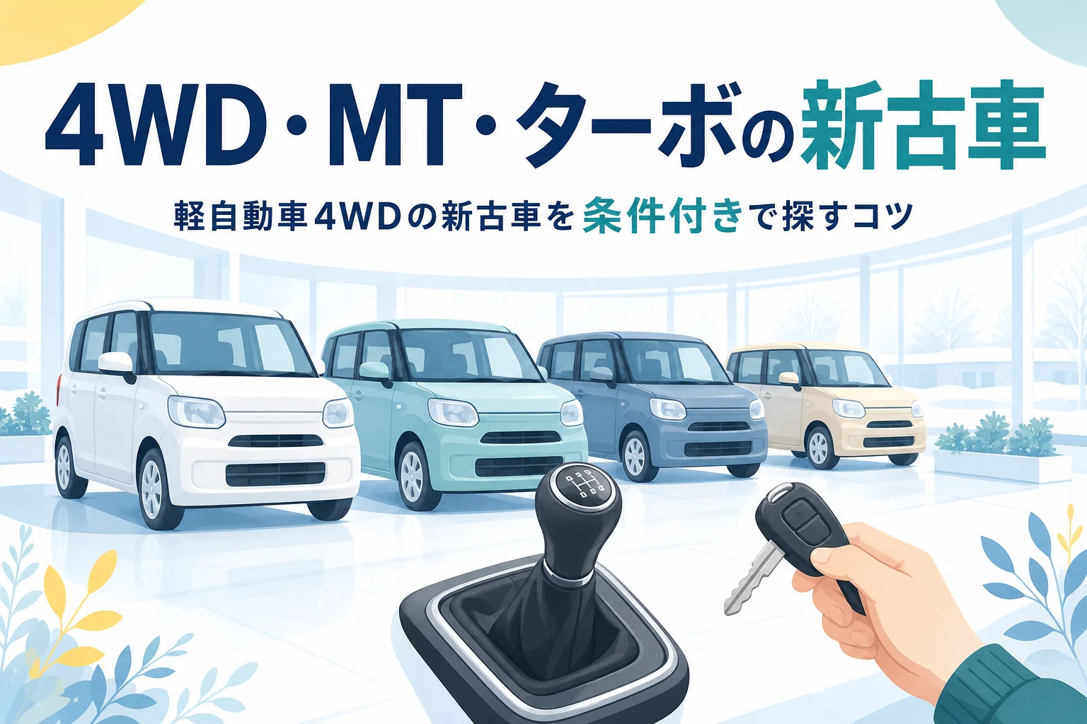 雪の残る展示場の軽自動車とシフトレバー、軽自動車の4WD・MT・ターボの新古車の探し方を紹介する記事のタイトル