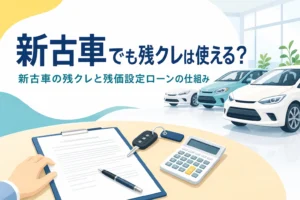 展示場の車と契約書類、電卓を並べ、新古車の残クレ（残価設定ローン）の仕組みを紹介する記事のアイキャッチ