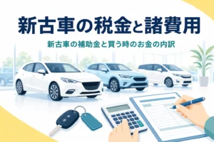 電卓と見積書、車の鍵を並べ、新古車の税金と諸費用、補助金の考え方を紹介する記事のアイキャッチ